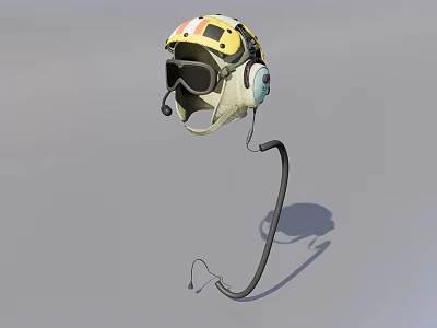 Yellow and White Helmet With Goggles Headphones And Cable On Gray Background 3d model