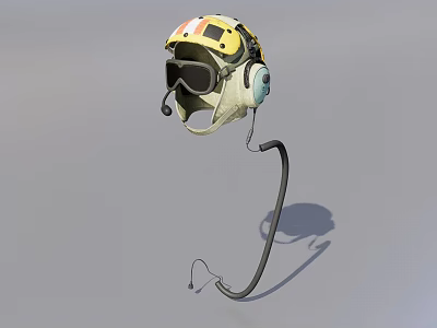 Yellow and White Helmet With Goggles Headphones And Cable On Gray Background 3d model Yellow and White Helmet With Goggles Headphones And Cable On Gray Background 3d model