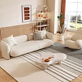 Living Room With Beige Sofa Curved Armchair White Coffee Table Striped Rug And Orange Curtains