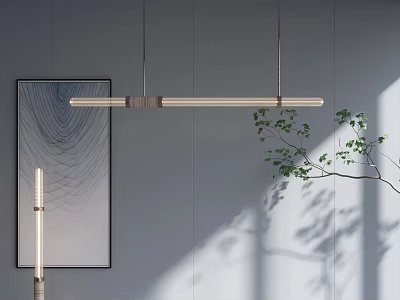 Modern Interior Lighting Combination With Linear Pendant Lights Wall Art And Plant Shadows 3d model