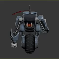 Mechanical Robot Character With Metal Legs Tire Weapon Components And Red Accents