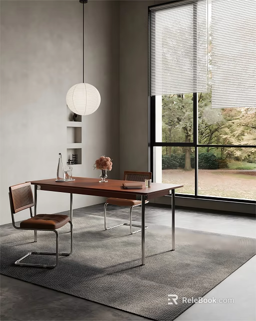 Modern Restaurant Interior With Wooden Dining Table Chairs Pendant Light And Window Greenery 3d model 