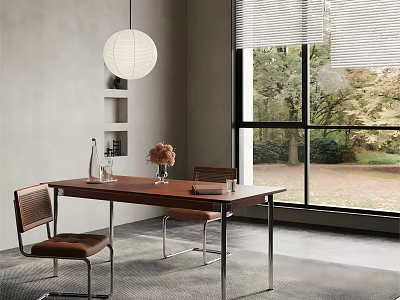 Modern Restaurant Interior With Wooden Dining Table Chairs Pendant Light And Window Greenery 3d model