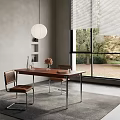 Modern Restaurant Interior With Wooden Dining Table Chairs Pendant Light And Window Greenery