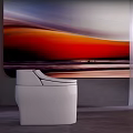 Stylish White Toilet in Modern Bathroom Interior with Colorful Abstract Painting and Curtains