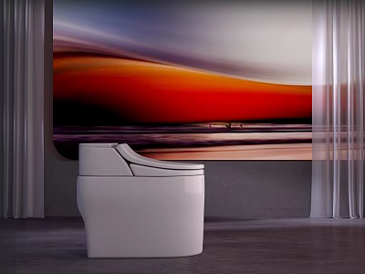 Stylish White Toilet in Modern Bathroom Interior with Colorful Abstract Painting and Curtains 3d model