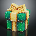 Pixelated Green And Yellow Gift Box With Block Texture And Decorative Bow 3d model