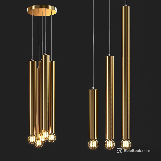Modern Golden Chandelier With Long Cylindrical Tubes And Hanging Lighting Design 3d model 