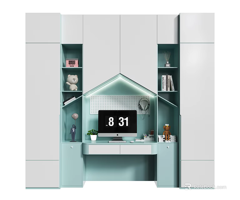 Modern Minimalist Bookcase Interior With Integrated Desk Computer Decorations And Ambient Lighting 3d model