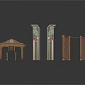 Traditional Chinese Architectural Structures With Carved Wooden Details And Decorative Roofs