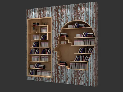 Creative Human Head Shaped Bookcase On Wooden Pattern Wall With Stacked Books 3d model