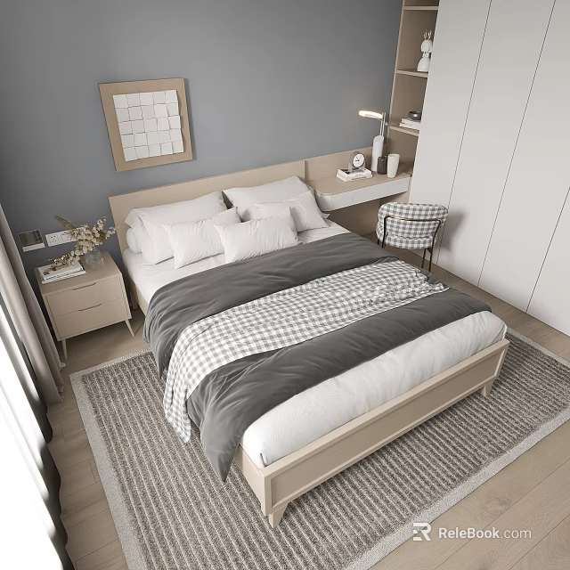 Double Bed with Gray White Checkered Bedding Light Wood Headboard Checkered Chair Modern Gray Bedroom 3d model 