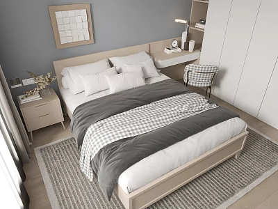 Double Bed with Gray White Checkered Bedding Light Wood Headboard Checkered Chair Modern Gray Bedroom 3d model