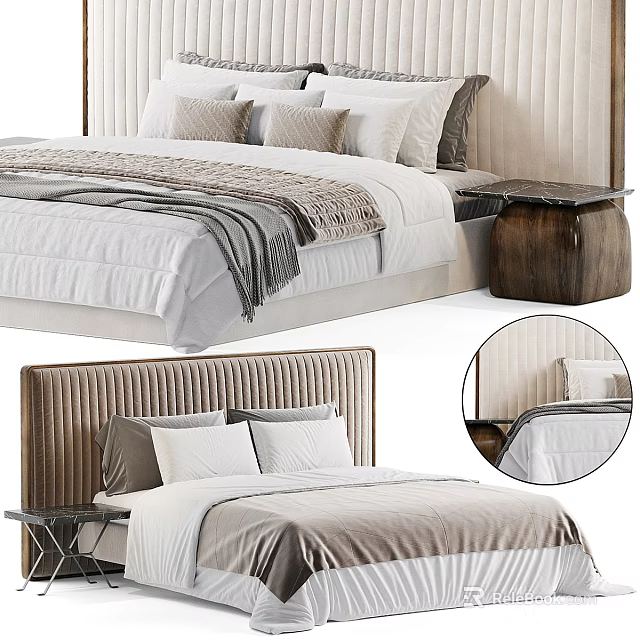 Luxurious Double Bed With Velvet Headboard And Soft Pillows White Quilt And Wooden Nightstand 3d model 