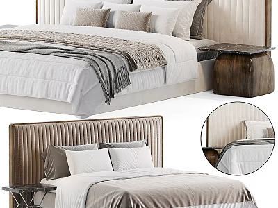 Luxurious Double Bed With Velvet Headboard And Soft Pillows White Quilt And Wooden Nightstand 3d model