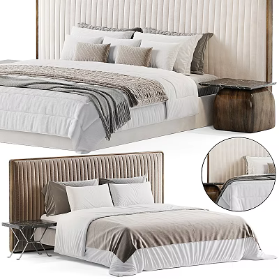 Luxurious Double Bed With Velvet Headboard And Soft Pillows White Quilt And Wooden Nightstand 3d model