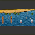 Tropical Island Scene With Palm Trees Green Area Blue Water Surfboards And Boats