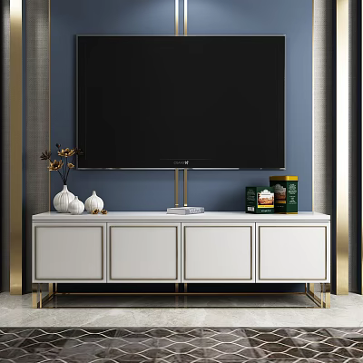 Modern White TV Stand With Gold Legs Under TV On Blue Wall And Decorative Vases 3d model