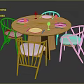 Modern Round Dining Table With Four Chairs And Plates On Top 3d model