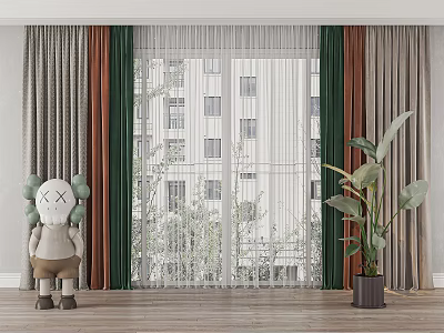 Multi Colored Velvet Curtains With White Sheer Drapes For Modern Interior Window With Green Plants 3d model