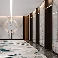 Modern Elevator Hallway Interior Design With Marble Walls Recessed Lighting And Patterned Carpet 3d model