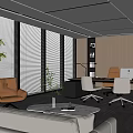 Modern Open Office Interior With Large Windows Sofa Desk Chair And Bookshelf
