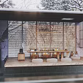 Elegant Modern Tea Room Interior With Courtyard Snowy Scene And Floor-to-Ceiling Windows