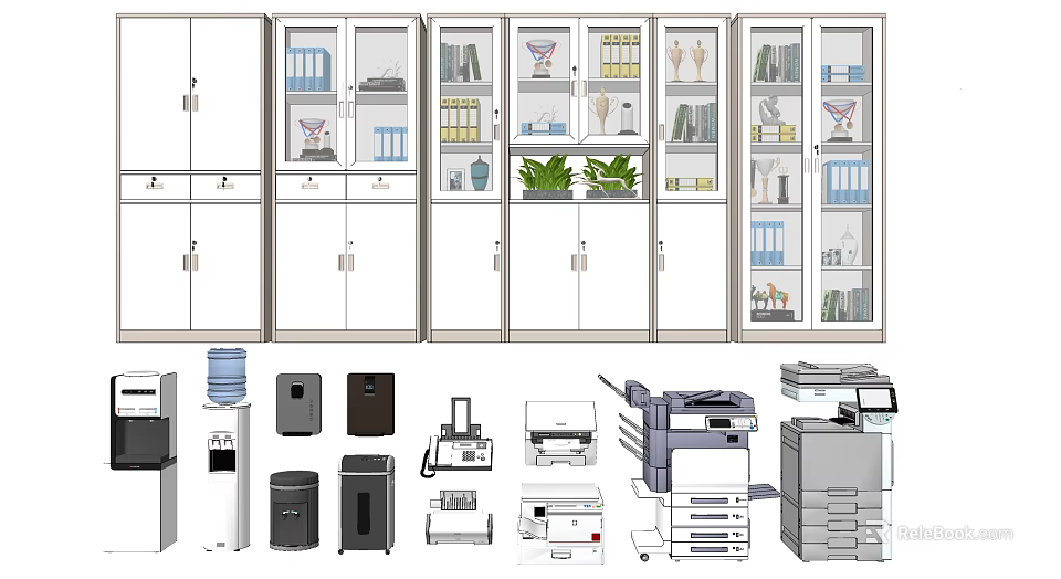 Modern Office Bookcase With Glass Doors Multiple Shelves And Decor Items 3d model
