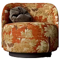 Leisure Chair with Leaf Patterned Orange Beige Fabric and Gray Cushion