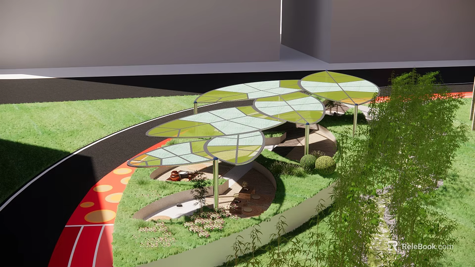 Modern Outdoor Landscape Space With Circular Green Canopies Grassy Area And Pathway 3d model 