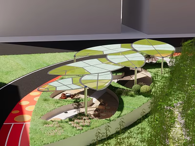 Modern Outdoor Landscape Space With Circular Green Canopies Grassy Area And Pathway 3d model