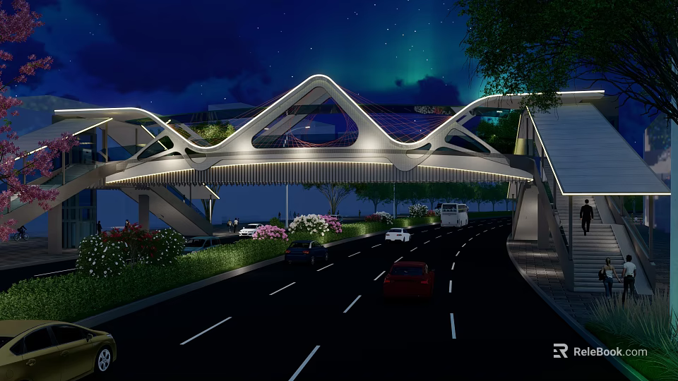 Modern Illuminated Bridge Night Scene With Vehicles Pedestrians Green Plants And Aurora 3d model 