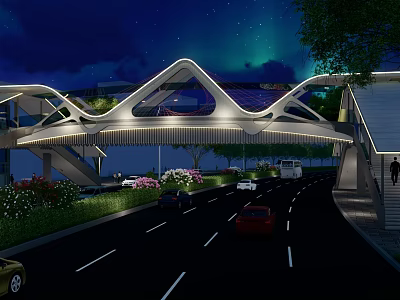 Modern Illuminated Bridge Night Scene With Vehicles Pedestrians Green Plants And Aurora 3d model