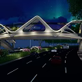 Modern Illuminated Bridge Night Scene With Vehicles Pedestrians Green Plants And Aurora