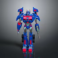 Blue Red Transformer Style Robot With Glowing Parts Holding Weapon In Standing Pose