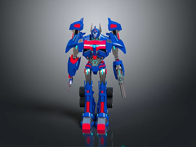 Blue Red Transformer Style Robot With Glowing Parts Holding Weapon In Standing Pose 3d model