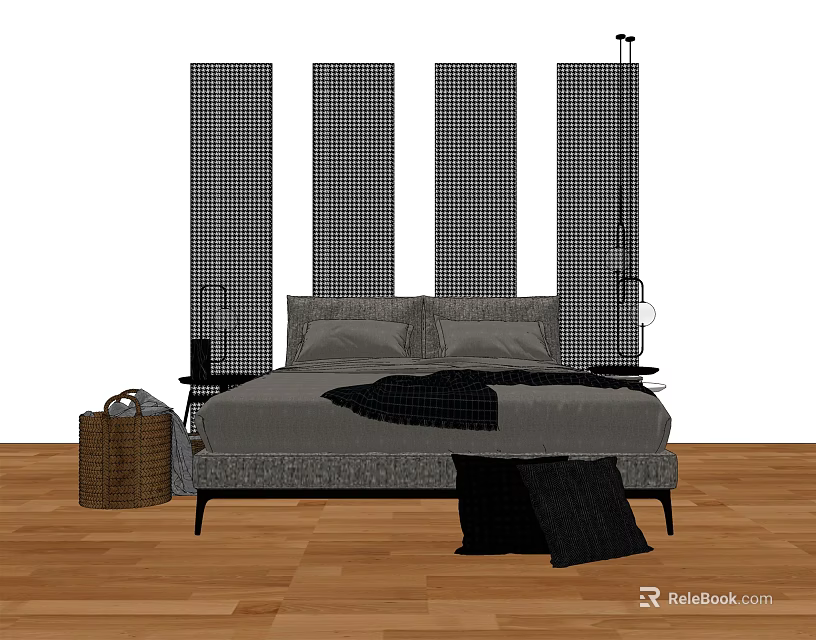 Background Double Bed With Gray Bedding Grid Pattern Headboard Panels And Wooden Floor 3d model