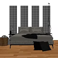 Background Double Bed With Gray Bedding Grid Pattern Headboard Panels And Wooden Floor 3d model