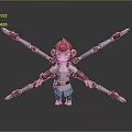Four Armed Ape Like Creature in Decorative Warrior Attire Holding Weapons on Gray Background