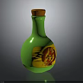 Green Glass Bottle With Wooden Cork And Yellow Label Featuring Red Decorative Design