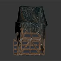 Stacked Wooden Crates Covered With Black Tarpaulin For Storage Setup