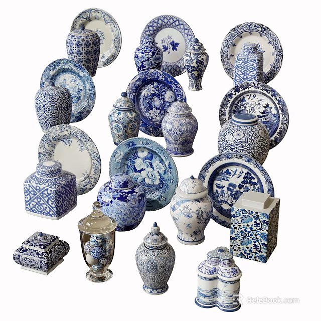 Blue and White Ceramic Wares Featuring Plates Jars Vases and Decorative Pieces 3d model 