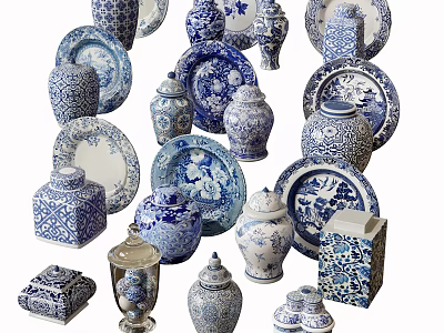Blue and White Ceramic Wares Featuring Plates Jars Vases and Decorative Pieces 3d model
