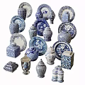 Blue and White Ceramic Wares Featuring Plates Jars Vases and Decorative Pieces