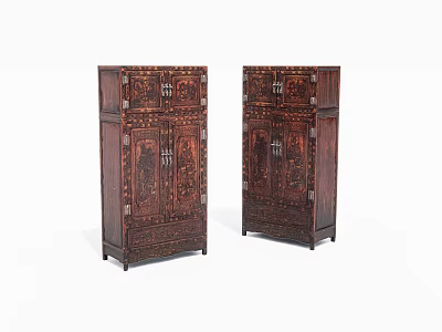 Pair of Carved Wooden Cabinets with Intricate Patterns and Dark Wood Finish 3d model