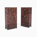 Pair of Carved Wooden Cabinets with Intricate Patterns and Dark Wood Finish