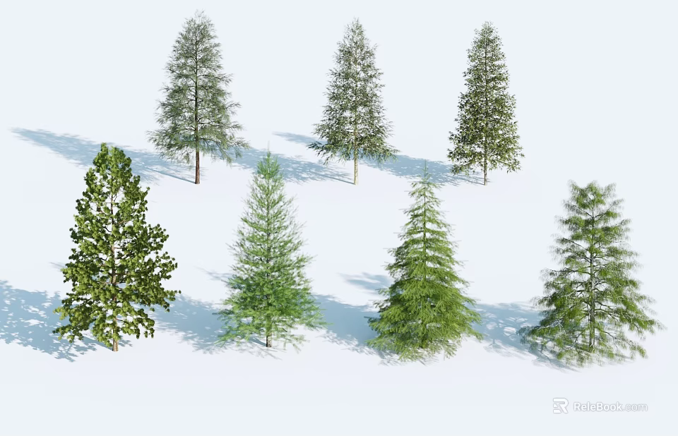 Seven Trees with Green to Dark Green Foliage Straight Trunks Lush Branches Natural Fresh Look 3d model 