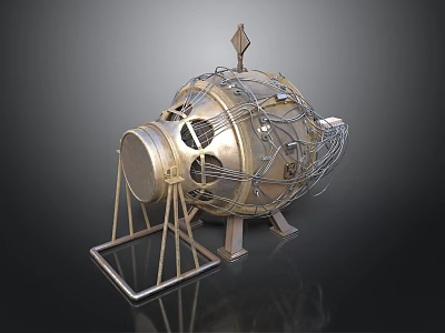 Metallic Spherical Weapon Featuring Metal Frame Cables Support Stand And Small Pointed Top 3d model