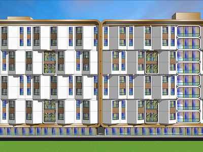 Modern Hotel Building Exterior With Multiple Windows Balconies And Water Features 3d model