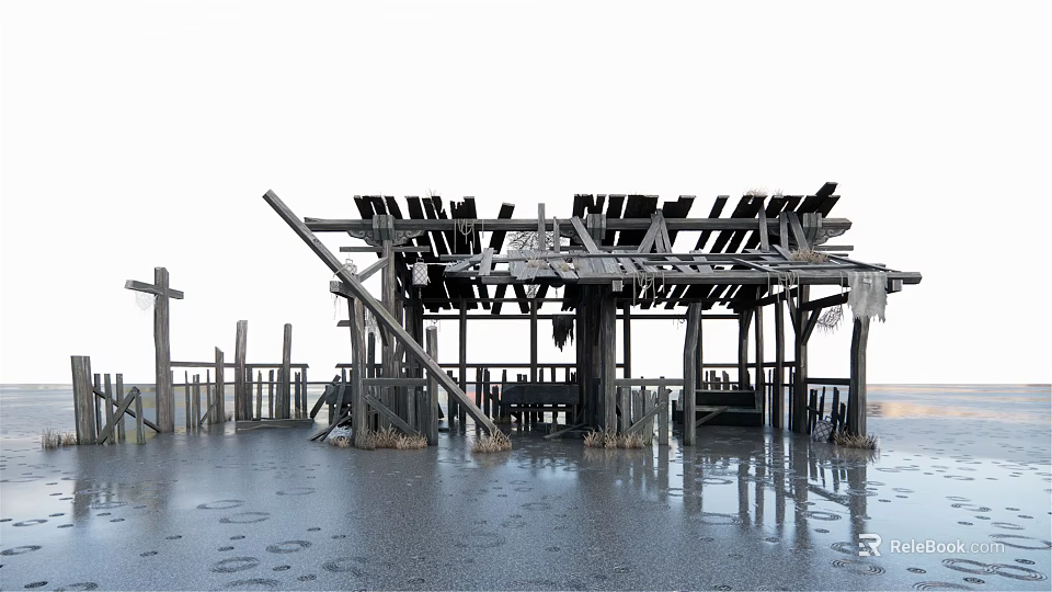 Dilapidated Wooden House With Weathered Frame And Waterfront Platform Structure 3d model 